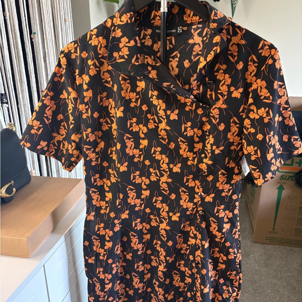 PrettyLittleThing Black Dress with Orange Floral Design